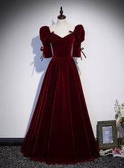 Burgundy Velvet Square Short Sleeve Pleats Prom Dress