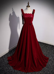 Burgundy Velvet Straps Beading Prom Dress