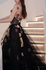 A Line Black Tulle Prom Dress with Flowers Puffy Quinceanera Dresses