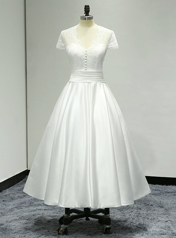 Cap Sleeve Tea Length Sheer Back Satin Short Wedding Dress