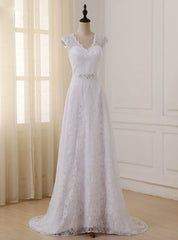 Cap Sleeve V-neck A-line Lace Beaded Sashes Wedding Dress