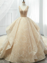 Champagne Ball Gown Lace Tulle Sequins V-neck Backless Wedding Dress