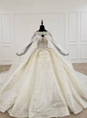 Champagne Ball Gown Sequins Sweetheart Beading Wedding Dress With Shawl