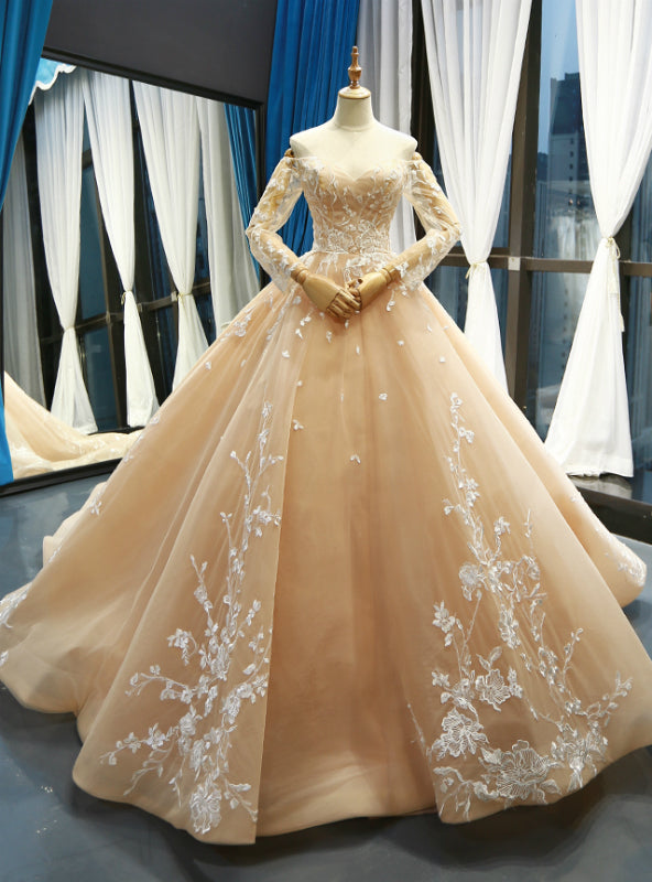 Champagne Ball Gown Tulle Lace Appliques Off The Shoulder Long Sleeve Prom Dress