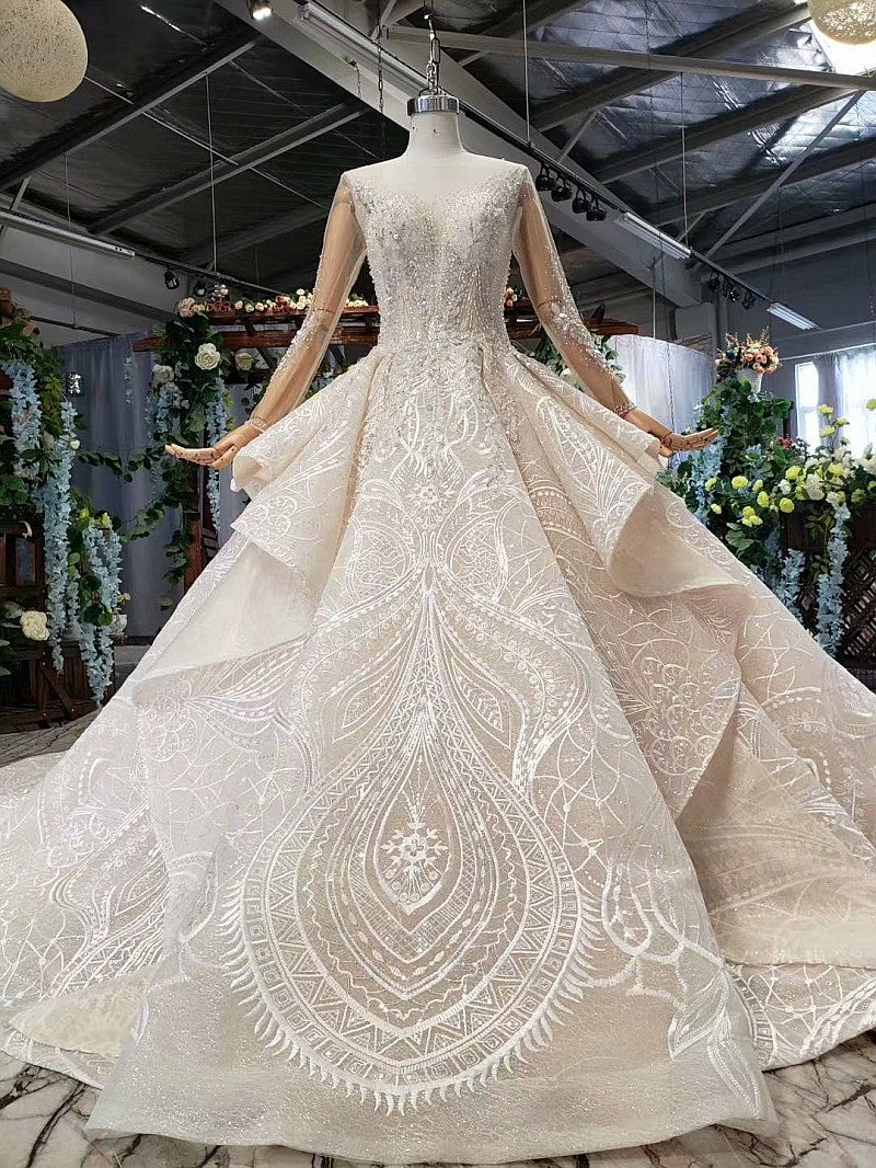 Champagne Ball Gown Tulle Lace Long Sleeve Backless Wedding Dress With Beading