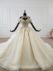 Champagne Ball Gown Tulle Sequins Off the Shoulder Wedding Dress With Beading Sequins