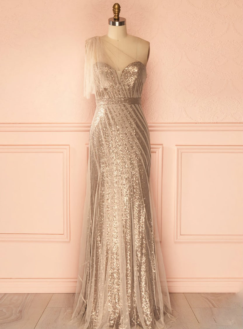 Champagne Long Sheath Evening Dresses One Shoulder Sequins Tulle Women