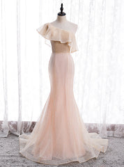 Champagne Pink Mermaid Sequins One Shoulder Prom Dress