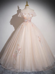 Champagne Pink Tulle Sequins Appliques Princess Quinceanera Dress