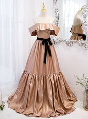 Champagne Satin Off the Shoulder Prom Dress With Bow