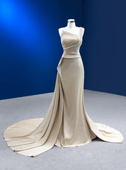 Champagne Satin One Shoulder Beading Prom Dress