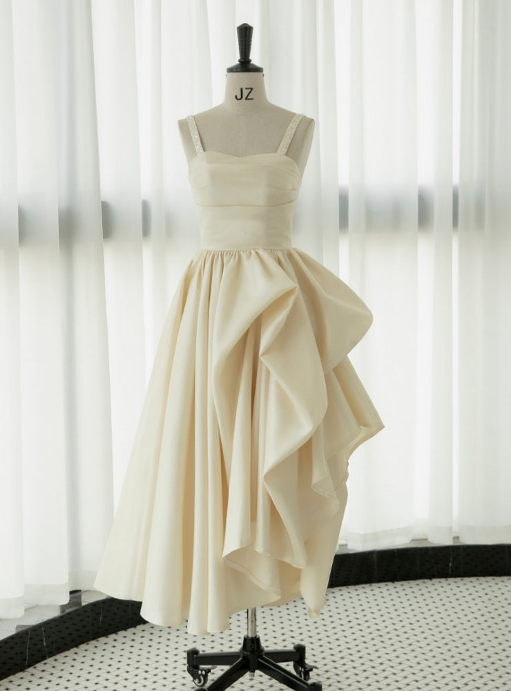 Champagne Satin Straps Tea Length Wedding Dress