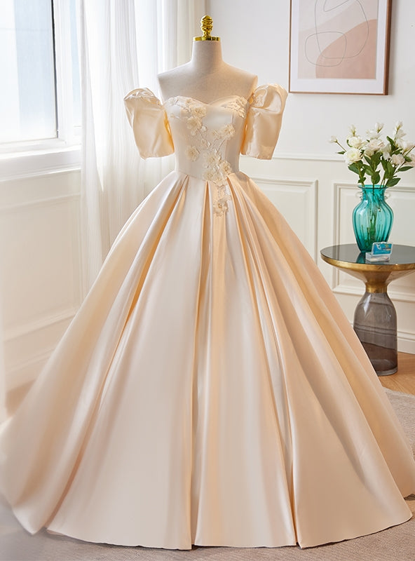 Champagne Satin Sweetheart Puff Sleeve Wedding Dress