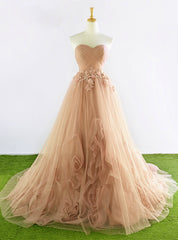 Champagne Sweetheart Tulle Pleats Appliques Wedding Dress