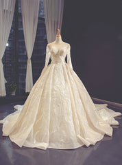 Champagne Tulle Appliques Long Sleeve Luxury Wedding Dress