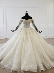 Champagne Tulle Appliques Off the Shoulder Long Sleeve Wedding Dresses