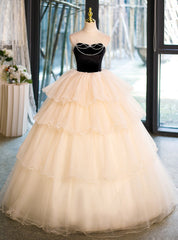 Champagne Tulle Black Velvet Strapless Beading Quinceanera Dress