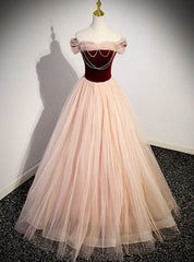 Champagne Tulle Burgundy Velvet Off the Shoulder Prom Dress