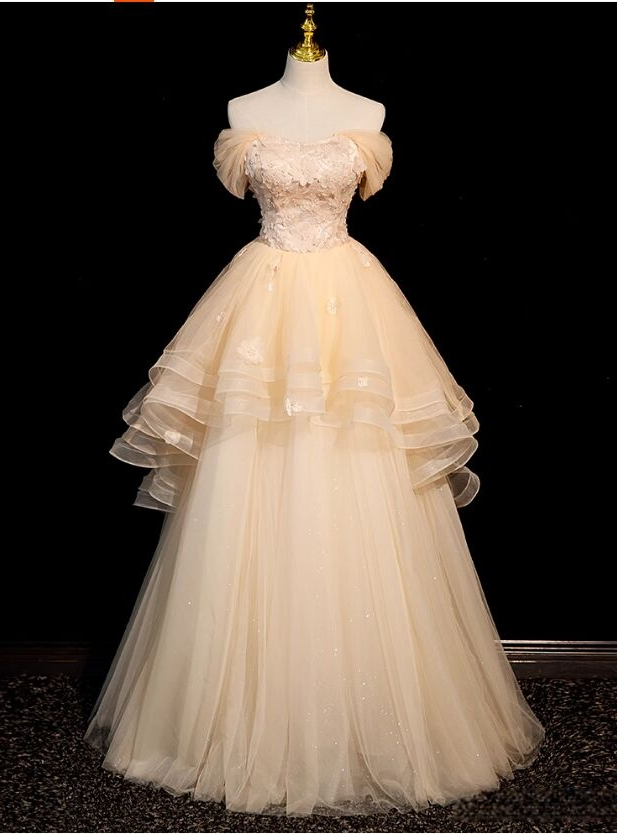 Champagne Tulle Flower Beading Off the Shoulder Prom Dress