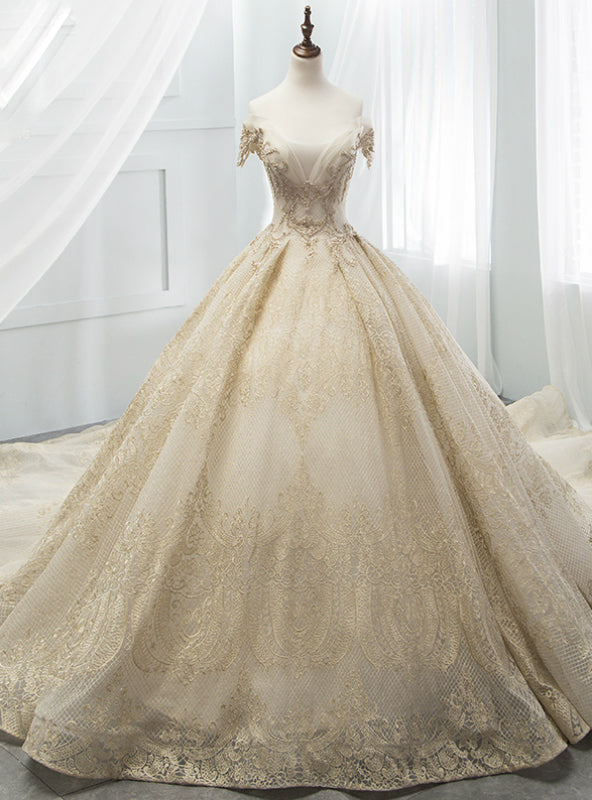 Champagne Tulle Gold Lace Appliques Off The Shoulder Wedding Dress