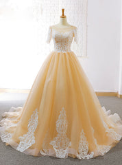 Champagne Tulle Lace Appliques Short Sleeve Backless Wedding Dress