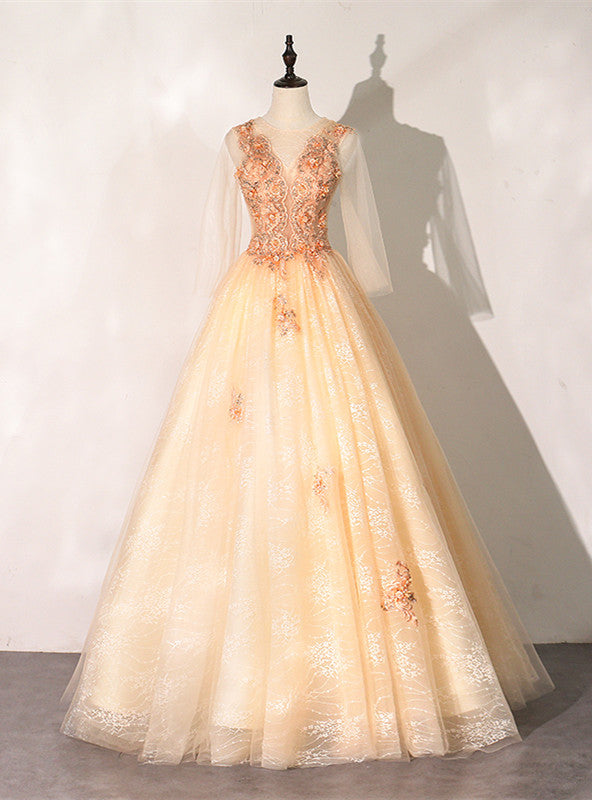 Champagne Tulle Long Sleeve Appliques Beading Quinceanera Dress