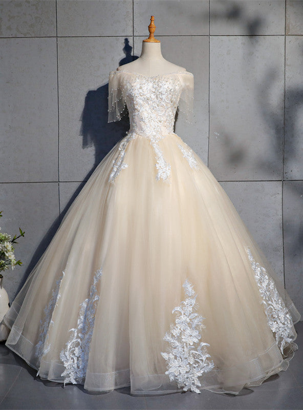 Champagne Tulle Off the Shoulder Appliques Beading Quinceanera Dress