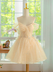 Champagne Tulle Off the Shoulder Pleats Homecoming Dress