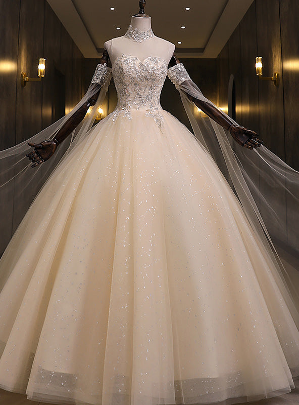 Champagne Tulle Sequins High Neck Beading Quinceanera Dress