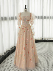 Champagne Tulle Sequins Prom Dress With Detachable Long Sleeve