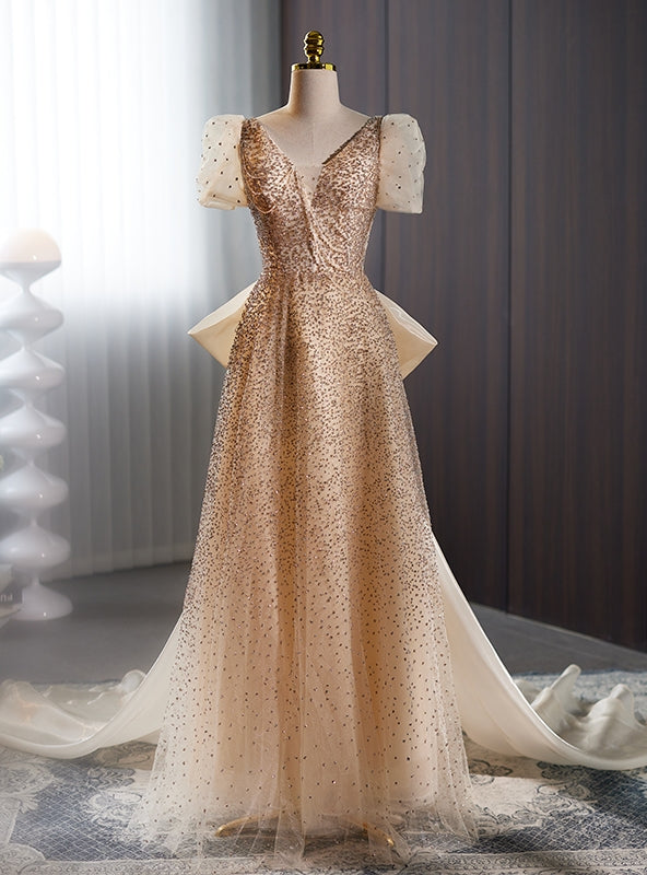 Champagne Tulle Sequins V-neck Short Sleeve Prom Dress