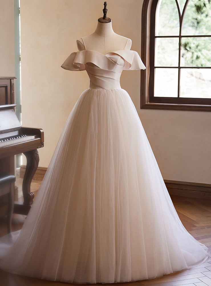 Champagne Tulle Spaghetti Straps Pleats Wedding Dress