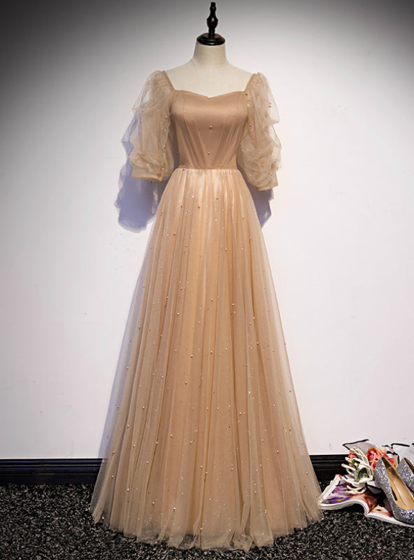 Champagne Tulle Square Puff Sleeve Pearls Prom Dress