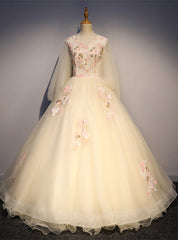 Champagne Tulle V-neck Long Sleeve Appliques Beading Quinceanera Dress