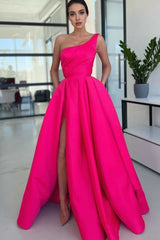 Charming A Line One Shoulder Fuchsia Sequins Long Prom Dresses with Slit