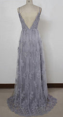 Charming Grey Lace Evening Party Dresses , High Quality Formal Gown