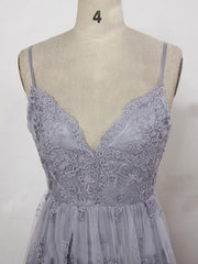 Charming Grey Lace Evening Party Dresses , High Quality Formal Gown