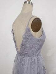 Charming Grey Lace Evening Party Dresses , High Quality Formal Gown