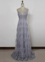 Charming Grey Lace Evening Party Dresses , High Quality Formal Gown