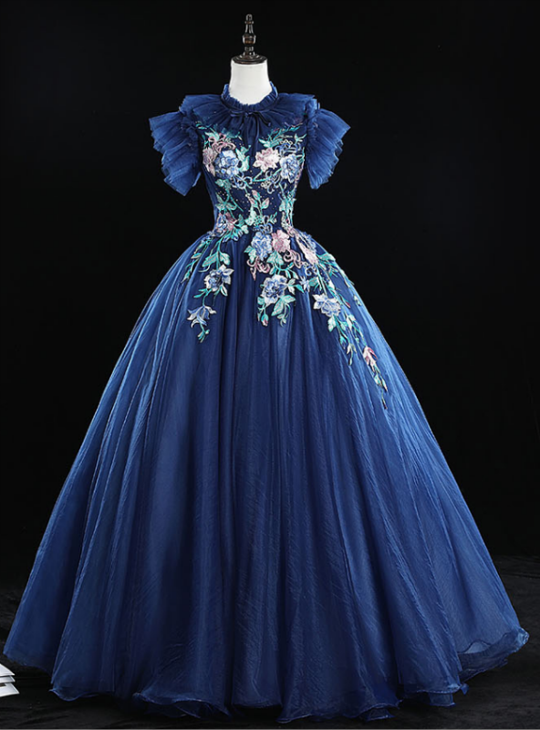 Check Out Entire Collection Navy Blue Ball Gown Tulle Embrodiery Backless Quinceanera Dress