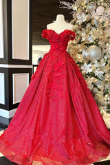 Chic Ball Gown V Neck Beads Appliques Red Off-the-Shoulder Long Quinceanera Dresses With Petticoat