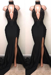 Chic Black High Neck Lace Front Split Mermaid Prom Party Gowns