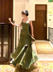 Chic Green Straps Sweetheart Long Formal Dresses, Green Prom Dresses Evening Dresses