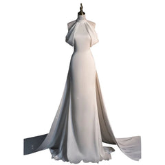 Chic Sheath High neckline Sleeveless Ivory Satin Long Wedding Dresses With Train