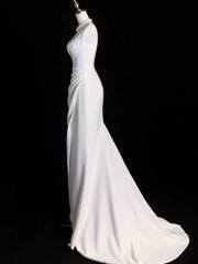 Chic Sheath Square Neckline Sleeveless White Satin Slit Wedding Dresses With Ruffles