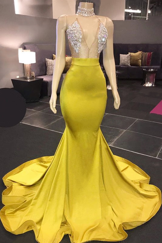 Chic Yellow Sleeveless Crystals Sheer Tulle Prom Dresses New Arrival Mermaid Formal Evening Gowns