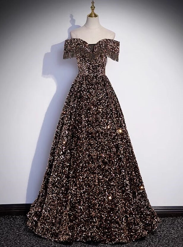 Coffee Gold Sequins Off the Shoulder Beading Prom Dress