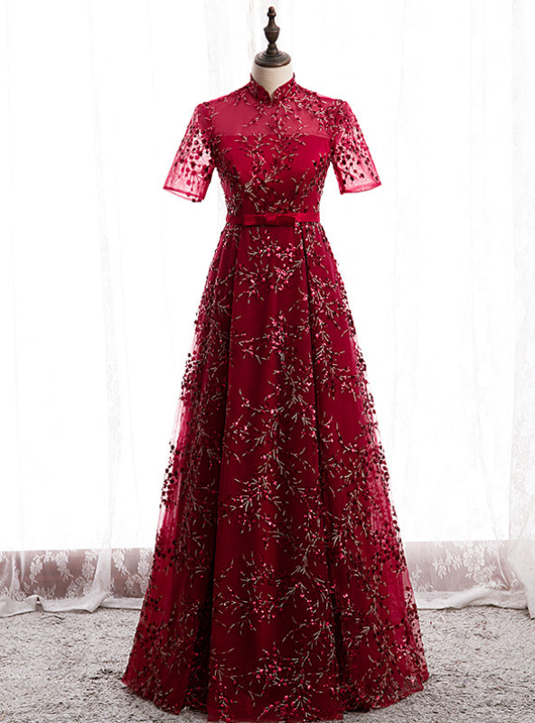 Dark Burgundy Tulle Sequins High Neck Short Sleeve Prom Dress