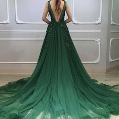 Dark Green Low Back Beaded Lace V-neckline Party Dress A-line Prom Dress Floor Length