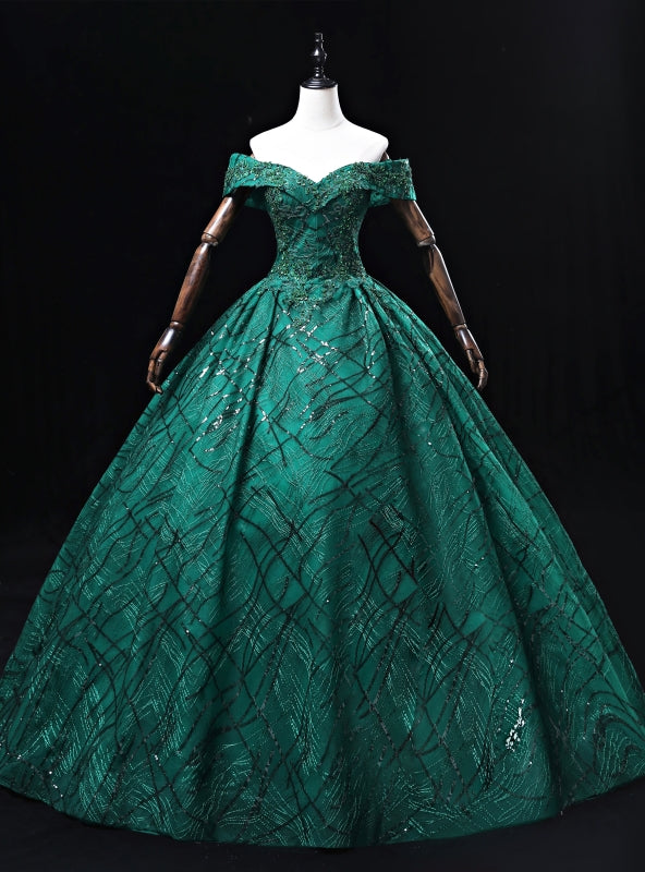 Dark Green Off the Shoulder Appliques Beading Quinceanera Dress